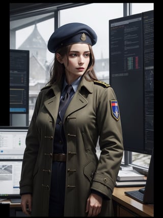 beautiful French woman, about 26 years old, military overcoat, beret hat, in the command center, (best quality, realistic, highly detailed, photograph, 8K, HDR) 