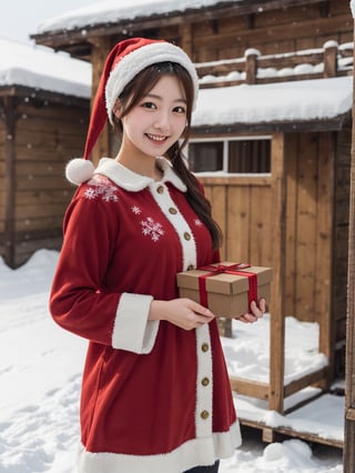 cute Japanese woman, 20 years old, shapely, santa outfit, carry a gift box, in the military camp, snowy, joyful expression, (best quality, realistic, photography, highly detailed, 8K, HDR) 