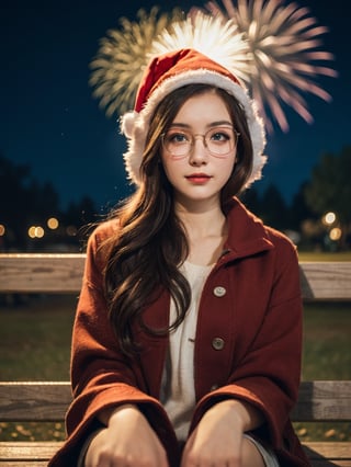 neatly Russian girl, 20 years old, glasses, christmas hat, sitting on a park bench, night time, fireworks in the sky, saded expression, (best quality, realistic, photography, highly detailed, 8K, HDR) 