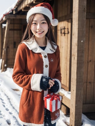 cute Japanese woman, 20 years old, shapely, santa outfit, carry a gift box, in the military camp, snowy, joyful expression, (best quality, realistic, photography, highly detailed, 8K, HDR) 