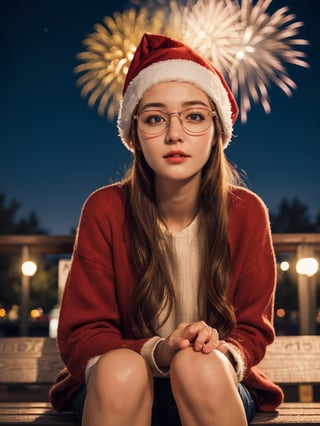 neatly Russian girl, 20 years old, glasses, christmas hat, sitting on a park bench, night time, fireworks in the sky, saded expression, (best quality, realistic, photography, highly detailed, 8K, HDR) 