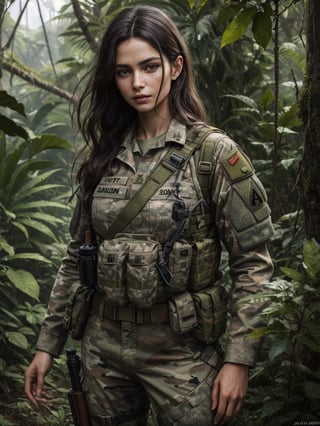 beautiful Italian woman, about 26 years old, army suit, in the jungle, (best quality, realistic, highly detailed, photograph, 8K, HDR) 