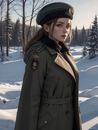 beautiful German woman, about 26 years old, military winter coat, beret hat, in the battle, (best quality, realistic, highly detailed, photograph, 8K, HDR) 