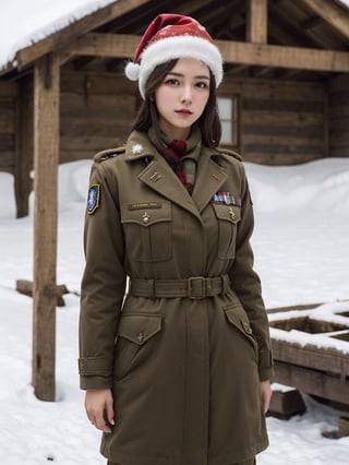 sexy woman, Canadian 24 years old, shapely, army coat, christmas hat, in the military camp, snowy, arrogant expression, (best quality, realistic, photography, highly detailed, 8K, HDR) 