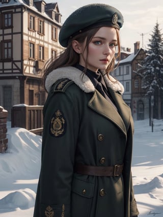 beautiful German woman, about 26 years old, military winter coat, beret hat, in the battle, (best quality, realistic, highly detailed, photograph, 8K, HDR) 