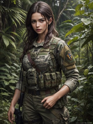 beautiful Italian woman, about 26 years old, army suit, in the jungle, (best quality, realistic, highly detailed, photograph, 8K, HDR) 