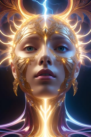 surreal photography of a stunningly, chrome face symmetry, masterpiece, award - winning, sharp focus, concept art, high key, ambient lighting, 8k, octane render, (masterpiece, top quality, best quality, official art, beautiful and aesthetic:1.2), extreme detailed, (fractal art:1.3), colorful, highest detailed, angelic realm, angels, lightning, fire, dimension, DonMF41ryW1ng5