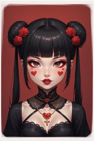 dal-1, 1girl, solo, looking at viewer, short hair, black hair, hair ornament, dress, closed mouth, jewelry, twintails, brown eyes, upper body, flower, heart, frills, parted lips, blunt bangs, hair flower, necklace, hair bun, black dress, eyelashes, clothing cutout, tattoo, double bun, makeup, border, rose, facial mark, portrait, cross, red flower, white border, red background, lace, red rose, red lips, red theme, heart tattoo, heart facial mark
,CONCEPT_irezumi_YakuzaTattoo_ownwaifu,score_9