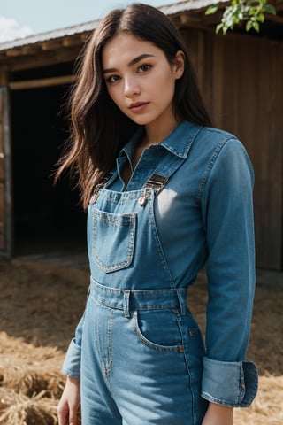 closeup portrait, professional photo, front lit natural lighting, upper body, facing viewer, beautiful thin woman wearing denim overalls, standing straight up outside on a farm, vivid colors,