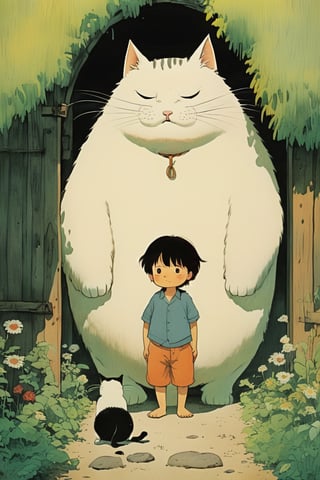 little boy standing next to cute fat cat,black hair,long hair, summer day, symmetry face, niji style, ghibli style