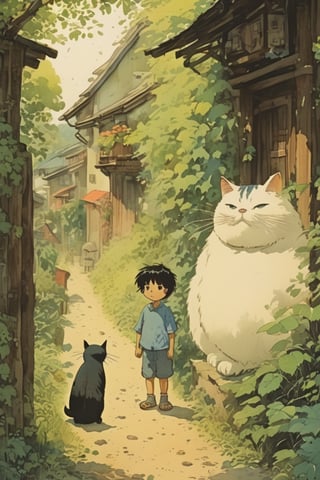 little boy standing next to cute fat cat,black hair,long hair, summer day, symmetry face, niji style, ghibli style