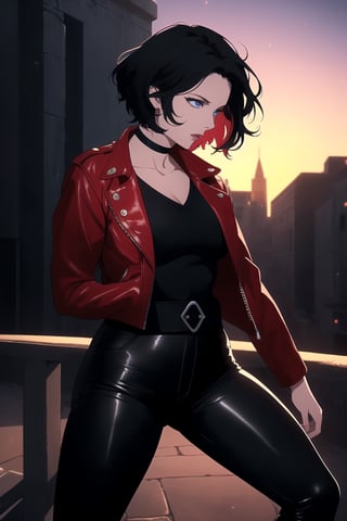 (One Person:1.6), (A Gorgeous 25 Years Old British Female Vampire Mercenary), (Wavy Bobcut Black Hair:1.4), (Pale Skin:1.4), (Sapphire Blue Eyes), (Wearing Red Leather Jacket, Black V-Neck Inner Shirt, and Black Tight Pants:1.4), (City Buildings at Night with Moonlight), (Crossing Arms Pose:1.4), Centered, (Waist-up Shot:1.4), From Front Shot, Insane Details, Intricate Face Detail, Intricate Hand Details, Cinematic Shot and Lighting, Realistic and Vibrant Colors, Masterpiece, Sharp Focus, Ultra Detailed, Taken with DSLR camera, Realistic Photography, Depth of Field, Incredibly Realistic Environment and Scene, Master Composition and Cinematography, castlevania style,castlevania style