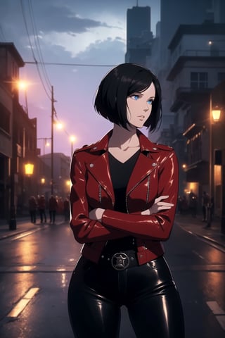 (One Person:1.6), (A Gorgeous 25 Years Old British Female Vampire Mercenary), (Wavy Bobcut Black Hair:1.4), (Pale Skin:1.4), (Sapphire Blue Eyes), (Wearing Red Leather Jacket, Black V-Neck Inner Shirt, and Black Tight Pants:1.4), (City Buildings at Night with Moonlight), (Crossing Arms Pose:1.4), Centered, (Waist-up Shot:1.4), From Front Shot, Insane Details, Intricate Face Detail, Intricate Hand Details, Cinematic Shot and Lighting, Realistic and Vibrant Colors, Masterpiece, Sharp Focus, Ultra Detailed, Taken with DSLR camera, Realistic Photography, Depth of Field, Incredibly Realistic Environment and Scene, Master Composition and Cinematography, castlevania style,castlevania style