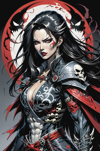 midshot, cel-shading style, centered image, ultra detailed illustration of the comic character ((female Spawn Samurai lady, by Todd McFarlane)), posing, long black long hair, silver and black suit with a skull emblem, long flowing cape,  holding samurai sword, ((view from Behind she’s looking over her shoulder)), ((Full Body)), (tetradic colors), inkpunk, ink lines, strong outlines, art by MSchiffer, bold traces, unframed, high contrast, cel-shaded, vector, 4k resolution, best quality, (chromatic aberration:1.8)