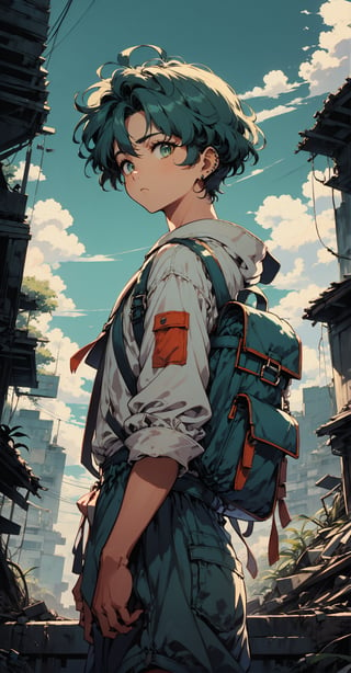 In a warm orange haze, a lone figure emerges against the reclaimed ruins of a city, now teeming with lush vegetation and vibrant greenery. The protagonist, a short-haired young man with bangs and piercings, stands tall, clutching a steel bottle in his hands. His dark-colored, post-apocalyptic attire is worn but determined expression shines through, framed by the bright blue noon sky with puffy white clouds. A small backpack adorns his back, symbolizing resilience and resourcefulness, set against the nostalgic charm of retro-illustration reminiscent of 1980s-1990s anime, as he surveys the revitalized landscape with his green eyes.