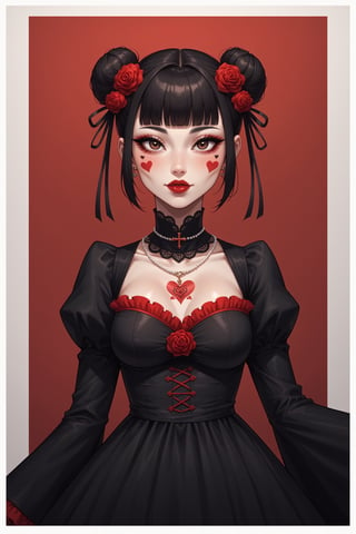 dal-1, 1girl, solo, looking at viewer, short hair, black hair, hair ornament, dress, closed mouth, jewelry, twintails, brown eyes, upper body, flower, heart, frills, parted lips, blunt bangs, hair flower, necklace, hair bun, black dress, eyelashes, clothing cutout, tattoo, double bun, makeup, border, rose, facial mark, portrait, cross, red flower, white border, red background, lace, red rose, red lips, red theme, heart tattoo, heart facial mark
,CONCEPT_irezumi_YakuzaTattoo_ownwaifu,score_9