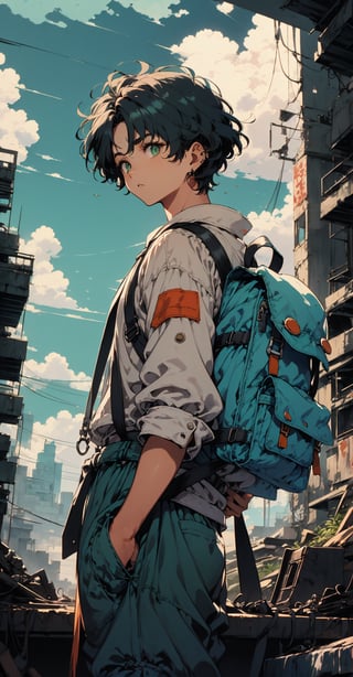 In a warm orange haze, a lone figure emerges against the reclaimed ruins of a city, now teeming with lush vegetation and vibrant greenery. The protagonist, a short-haired young man with bangs and piercings, stands tall, clutching a steel bottle in his hands. His dark-colored, post-apocalyptic attire is worn but determined expression shines through, framed by the bright blue noon sky with puffy white clouds. A small backpack adorns his back, symbolizing resilience and resourcefulness, set against the nostalgic charm of retro-illustration reminiscent of 1980s-1990s anime, as he surveys the revitalized landscape with his green eyes.