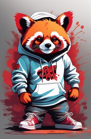 A red panda with a mischievous grin and confident stance, clad in a crisp white hoodie adorned with a vibrant red logo, reminiscent of the bold graffiti art that defined the 90s and early 2000s hip hop/skateboard culture. Its nimble paws grasp an array of spray cans, their metallic surfaces gleaming under the radiant glow of a city streetlamp, each nozzle eagerly poised to unleash a symphony of creative expression.