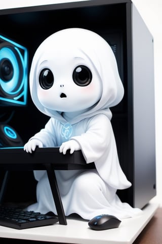 zhibi, chibi, animal Ghost, small Ghost, chibi Ghost, sitting in a gaming computer /