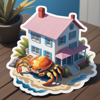 (crab:0.5) in the form of a house sticker,  sticker art, high angle perspective point of vew,  vintage design, realistic vector art,  Marvel comics style, Adobe Illustrator vector art, cinematic poster style, ((cel-shading:1.1)) Oil painting, colorful, white, pink, orange, blue, yellow, red detailed illustration of a beautiful, cute, happy and smiling ,sticker
