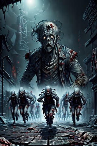scene with a highway at night, (men are running from zombies with scared face expression:1.6), zombies viciously following the men, Set the mood with chilling, foggy surroundings and capture the heart-pounding fear as they sprint to safety.