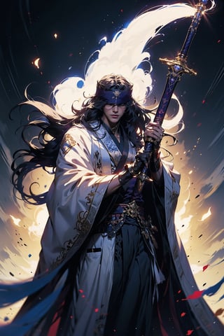 EpicGhost, (Anime style, Guvez style, long hair white robe, holding a sword, flowing white robe, blindfolded, Yang J, Zhiding, handsome art painting, beautiful character painting, Shi Tao)