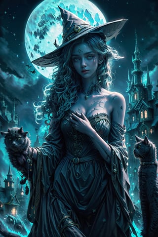 (masterpiece:1.5), (best quality:1.5), (photorealistic:1.3), amazing, 32k wallpaper, intricate details, hyperrealistic, epic, HDR, , 1girl, long hair, (holding a black cat:1.5), looking away from viewer, jewelry accessories, upper body, glowing, glowing eyes, cloak, body aura,  purple theme, witch, witch_hat, Halloween, pumpkins, night, moon, night sky, bats, EpicGhost,Moon Witch,fantasy00d