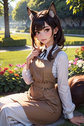fox, (monster girl), long brown ears with darker brown inside, brown fur, tan neck fluff, brown fluffy tail with a tan tip, large brown eyes, wearing modest clothing, sitting in a flower garden, masterpiece, best quality
