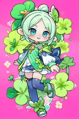 Cute lady Floating in the galaxy, (floating four-leaf clover), near crossing, full body, complex splash background, abstract, whimsical, green, wearing shorts, (St. Patrick's Day themes:1.4).pop. vibrant colors. Bold line. Intricate details, sweet smile. Aesthetics details, add more details, (cel shading, vintage anime:1.25), waifu character portrait, natural beauty,better_hands,perfect, (masterpiece-anatomy-perfect), cute dress, stockings