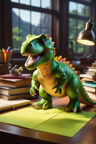 A vivid lime green T-Rex toy delicately balanced on a cluttered desk under a warm, soft ivory spotlight, casting detailed shadows on the glossy oak surface. Bright and colorful sticky notes scatter around, bringing bursts of color. The close-up shot captures the finely detailed texture of the dinosaur's scales, emphasizing its charming and lively character with meticulous precision. pixar animation style, rich textures, wide shot, sharp focus, high detail, 4k, masterpiece, photo, digital art, fantasy, the dark crystal movie style, sci-fi landscape, low angle photograph, glamour lighting, dreamy vibe 