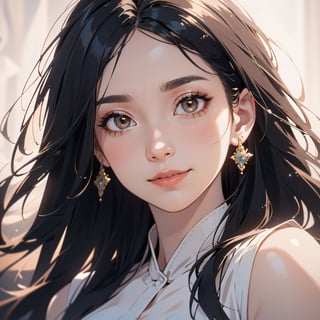 (Highest Quality), (Realistic, Realistic:1.1), Highest Quality, Masterpiece, Beautiful and Aesthetic, 16K, High Contrast, (Vivid Colors:1.3), Exquisite Details and Textures, Cinematic Shots, Warm Tone, (Bright, Intense), Highly realistic illustration background, black long hair, brown eyes, beautiful Korean girl, pale skin, small earrings, detailed character design style, digital airbrushing, 8k resolution, glowing colors Ultra HD, detailed painting, wide smiling face, Sparkly, cute and adorable, surreal, breathtaking beauty, pure perfection, divine, unforgettable, impressive, front view, skirt, shirt,masterpiece