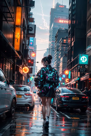 1girl, walking, neon street, people in background, blurry cars and buildings,cars moving so fast that they leaves a light trail that is blurry,city is futuristic cyber funk night city,smoke,electronics,glow,lights
