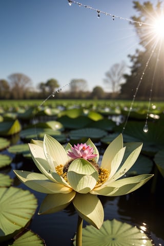 Water liliy.,microcosm , Masterpiece , macro photography , cobweb, filmgrain, Bokeh , Smoke , Highly detailed, Sunny Sunny weather, Microflower, The drops, bblurry, 1 realistic close-up of the lotus room：1.5, Azure background, subdued contrasts, rendering by octane , illusory engine
