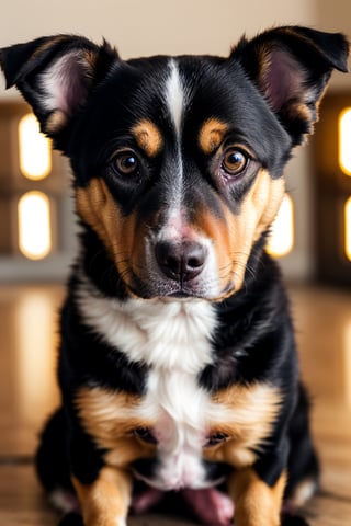 best quality, cute dog portrait, furry, adorable, expressive eyes, wagging tail, playful, close-up, soft fur, realistic, studio lighting, vibrant colors, bokeh