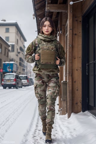 (photorealistic), beautiful lighting, best quality, realistic, full body portrait, real picture, intricate details, depth of field, 1girl, in a cold snowstorm, A very muscular solider girl with haircut, wearing winter camo military fatigues, camo plate carrier rig, combat gloves, (magazin pouches), (kneepads), highly-detailed, perfect face, blue eyes, lips, wide hips, small waist, tall, make up, tacticool, Fujifilm XT3, outdoors, bright day, Beautiful lighting, RAW photo, 8k uhd, film grain, ((bokeh))

