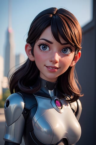 (playful, robot, cyborg style, cartoon, girl, cute smile, outdoor, 3d rendering) (best quality, 4k, 8k, highres, masterpiece:1.2), ultra-detailed, (realistic, photorealistic, photo-realistic:1.37), HDR, UHD, studio lighting, ultra-fine painting, sharp focus, physically-based rendering, extreme detail description, professional, vivid colors, bokeh, portraits, landscape, horror, anime, sci-fi, photography, concept artists, colorful tones, dreamy lighting.