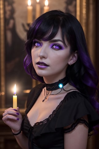 (((surreal bright purple iris))) (purple iris) caucasian woman around 30 years old, very feminine and attractive, pale skin with completely black wavy hair, candlelight in a medieval setting. (((She MUST wear completely black dress and a choker))) ultra sharp focus, realistic shot, (((purple eyes:1.4))) (((black hair:1.2)))

