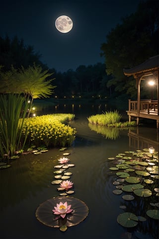 (tmasterpiece,Authentic photography,Concise composition：1.5）,the night,Lotus pond moonlight,Beautiful artistic conception
