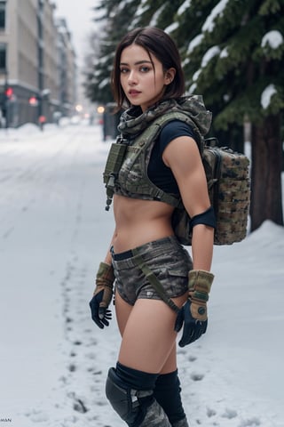 (photorealistic), beautiful lighting, best quality, realistic, full body portrait, real picture, intricate details, depth of field, 1girl, in a cold snowstorm, A very muscular solider girl with haircut, wearing winter camo military fatigues, camo plate carrier rig, combat gloves, (magazin pouches), (kneepads), highly-detailed, perfect face, blue eyes, lips, wide hips, small waist, tall, make up, tacticool, Fujifilm XT3, outdoors, bright day, Beautiful lighting, RAW photo, 8k uhd, film grain, ((bokeh))

