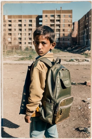 A child facing the front in a vacant lot, behind a public housing project, with a schoolbag on his back, looking tired and sad, 1970s, in Europe    , full-body_portrait,  front view from above,  focus on face, sunlight,  warmdramatic lighting ( lofi,  messy,  ,  photography,  photorealism,  portraits,  bokeh )