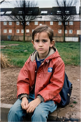 Emma Watson little girl child sitting in a vacant lot, staring into space, hands in the pockets of his pants, red jacket, behind a public housing project, with a schoolbag on his back, it's raining, looking tired and sad, 1970s, in england, winter, full-body_portrait,  front view from above,  focus on face, sunlight,  warmdramatic lighting ( lofi,  messy,  ,  photography,  photorealism,  portraits,  bokeh )