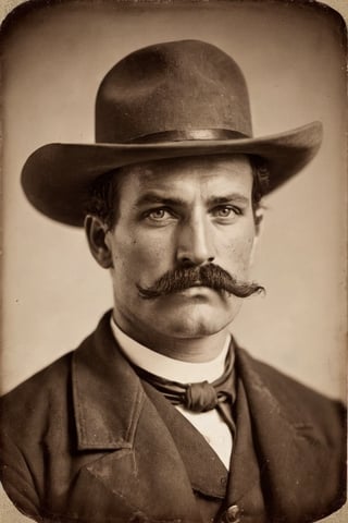 Sepia tone photo US Marshall circa 1880. Rugged white man. A look of fierce determination in his eyes. Thick black mustache. by Matthew Brady
