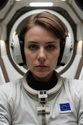 a photo of a short brown hair 30 year european woman, unbuttoned white space suit, cleavage, inside spaceship, attractive, looking at viewer, hyperdetailed, closeup,(PnMakeEnh)