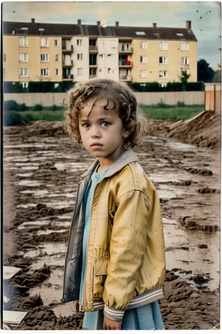 a little girl falls into a vacant lot, Shirley Temple, staring into space, yellow jacket with mud on it, behind a public housing project, with a school bag on her back, a summer evening, low light, looking tired and sad , 1970s, in France, full-body_portrait,  front view from above,  focus on face, sunlight,  warmdramatic lighting ( lofi,  messy,  ,  photography,  photorealism,  portraits,  bokeh )