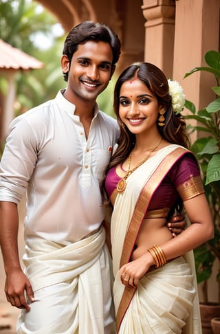 Beautiful Tamil brahmin couple wedding photo, fair skinned and handsome man, man wearing traditional Tamil Brahim dhoti, beautiful fair skinned lady, (freckles), big smile, brown eyes, long hair, hyperdetailed photography, soft light, full-length_portrait, cover,Beautiful Tamil brahmin girl, light_body, full_body, Tamil brahmin style saree, show belly_button, transparent, standing, Saree, detailmaster2,Extremely Realistic, show_legs