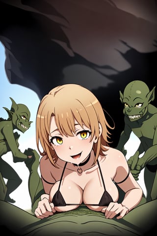 uncensored, decensored, 
High quality, best detail, beautiful picture, 

Iroha Isshiki, solo, short hair, Iroha is about 156cm, 
short body, medium-large tits, thin thighs, 
trouble smile, little open mouth, orange eyes, 
perfect fingers, perfect thumbs, 
look at viewer, welcome goblins,  

thin black choker, black micro bikini, 
Amesque, first high school girl, 
(((black micro bikini edge and strings is white))),
((white strings and edged black micro bikini tops and bottoms)), 

Her chest is open and her bikini bra is seeing from open shirt, 

((see-through pale yellow shirt)), 
(((orange mini skirt)), 

dark brown socks, dark brown shoose,

((school environment theme:1.5)), yellow shirt front full open, 
(((short sleeve pale-yellow shirt rolling up cuffs, not use buttoned, pale-yellow shirt_collor, chest wide open, shirt tied-up on stomach))),

short length shirt, 

Iroha being captured by goblins, 
dark green skin goblin, 
(((multiple goblins are surrounding iroha))),
many naked goblins are surrounding Iroha,
some nude goblins are standding behind Iroha,


in the deep cave, cave prison, large cave, 
day time, day light, wide cave full of goblins, 

orgy, group sex, rinkan, gangbang, sex, fuck, 
double penetration, fucked from behind,


very long and fat penis, 
double handjob, 


((((grabbed boobs by goblins very hard)))), 
in the cave,

Goblins are holding his dick and masturbating,

prisoner, (((grabbed her boobs))),
brabbed tits from behind, 

undressed by goblins, sucked her nipples by the goblins,

(((((grabbed her tits by the goblins very hard))))),

pale nipples, nipples on pink, erect nipples, 
((((double handjob)))), vaginal cum, 

(((lots of goblins is flocking to Iroha))),
(((grabbed boobs by goblins very hard))), 

(((she is being double handjob))), 

(((all fours))), undressed, fucked by the goblins from her behind, 
green_dicks_everywhere, double penetration, group sex, orgy, 
(((front view))),  sliding bra, seeing her nipples,  , front view doggystyle, nude,DEEPTHROAT