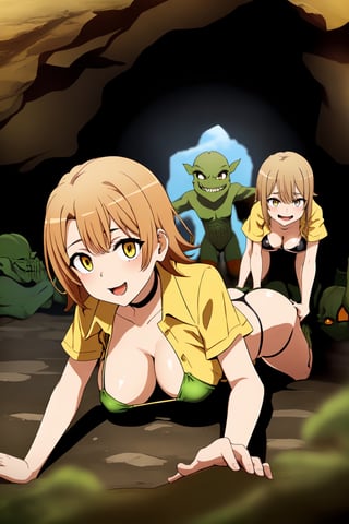 uncensored, decensored, 
High quality, best detail, reality, beautiful picture, 

Iroha Isshiki, solo, short hair, Iroha is about 156cm, 
short body, medium-large tits, thin thighs, 
trouble smile, little open mouth, orange eyes, 
perfect fingers, perfect thumbs, 
look at viewer, welcome goblins,  

thin black choker, black micro bikini, 
Amesque, first high school girl, 
(((black micro bikini edge and strings is white))),
((white strings and edged black micro bikini tops and bottoms)), 

Her chest is open and her bikini bra is seeing from open shirt, 

((see-through pale yellow shirt)), 
(((orange mini skirt)), 

dark brown socks, dark brown shoose,

((school environment theme:1.5)), yellow shirt front full open, 
(((short sleeve pale-yellow shirt rolling up cuffs, not use buttoned, pale-yellow shirt_collor, chest wide open, shirt tied-up on stomach))),

short length shirt, 

Iroha being captured by goblins, 
dark green skin goblin, 
(((multiple goblins are surrounding iroha))),
many naked goblins are surrounding Iroha,
some nude goblins are standding behind Iroha,


in the deep cave, cave prison, large cave, 
day time, day light, wide cave full of goblins, 

orgy, group sex, rinkan, gangbang, sex, fuck, 
double penetration, fucked from behind,


very long and fat penis, 
double handjob, 


((((grabbed boobs by goblins very hard)))), 
in the cave,

Goblins are holding his dick and masturbating,

prisoner, (((grabbed her boobs))),
brabbed tits from behind, 

undressed by goblins, sucked her nipples by the goblins,

(((((grabbed her tits by the goblins very hard))))),

pale nipples, nipples on pink, erect nipples, 
((((double handjob)))), vaginal cum, 

(((lots of goblins is flocking to Iroha))),
(((grabbed boobs by goblins very hard))), 

(((she is being double handjob))), 
sliding bra, seeing her nipples, 
(((all fours))), undressed, fucked by the goblins from her behind, 
,green_dicks_everywhere, double penetration, group sex, orgy, 
(((front view))), 