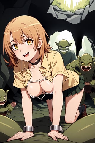 uncensored, decensored, 
High quality, best detail, reality, beautiful picture, 

Iroha Isshiki, solo, short hair, Iroha is about 156cm, 
short body, medium-large tits, thin thighs, 
trouble smile, little open mouth, orange eyes, 
perfect fingers, perfect thumbs, 
look at viewer, welcome goblins,  

thin black choker, black micro bikini, 
Amesque, first high school girl, 
(((black micro bikini edge and strings is white))),
((white strings and edged black micro bikini tops and bottoms)), 

Her chest is open and her bikini bra is seeing from open shirt, 

((see-through pale yellow shirt)), 
(((orange mini skirt)), 

dark brown socks, dark brown shoose,

((school environment theme:1.5)), yellow shirt front full open, 
(((short sleeve pale-yellow shirt rolling up cuffs, not use buttoned, pale-yellow shirt_collor, chest wide open, shirt tied-up on stomach))),

short length shirt, 

Iroha being captured by goblins, 
dark green skin goblin, 
(((multiple goblins are surrounding iroha))),
many naked goblins are surrounding Iroha,
some nude goblins are standding behind Iroha,


in the deep cave, cave prison, large cave, 
day time, day light, wide cave full of goblins, 

orgy, group sex, rinkan, gangbang, sex, fuck, 
double penetration, fucked from behind,


very long and fat penis, 
double handjob, 


((((grabbed boobs by goblins very hard)))), 
in the cave,

Goblins are holding his dick and masturbating,

prisoner, (((grabbed her boobs))),
brabbed tits from behind, 

undressed by goblins, sucked her nipples by the goblins,

(((((grabbed her tits by the goblins very hard))))),

pale nipples, nipples on pink, erect nipples, 
((((double handjob)))), vaginal cum, 

(((lots of goblins is flocking to Iroha))),
(((grabbed boobs by goblins very hard))), 

(((she is being double handjob))), 
sliding bra, seeing her nipples, 
(((all fours))), undressed, fucked by the goblins from her behind, 
,green_dicks_everywhere, double penetration, group sex, orgy, 
(((front view))), 