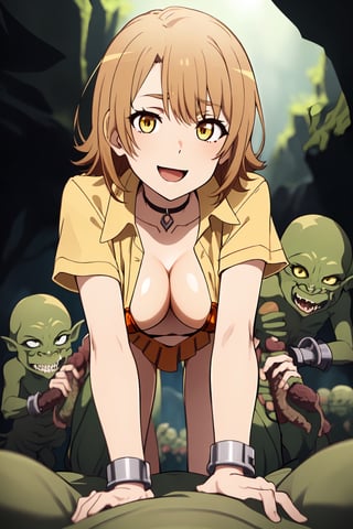 uncensored, decensored, 
High quality, best detail, beautiful picture, 

Iroha Isshiki, solo, short hair, Iroha is about 156cm, 
short body, medium-large tits, thin thighs, 
trouble smile, little open mouth, orange eyes, 
perfect fingers, perfect thumbs, 
look at viewer, welcome goblins,  

thin black choker, black micro bikini, 
Amesque, first high school girl, 
(((black micro bikini edge and strings is white))),
((white strings and edged black micro bikini tops and bottoms)), 

Her chest is open and her bikini bra is seeing from open shirt, 

((see-through pale yellow shirt)), 
(((orange mini skirt)), 

dark brown socks, dark brown shoose,

((school environment theme:1.5)), yellow shirt front full open, 
(((short sleeve pale-yellow shirt rolling up cuffs, not use buttoned, pale-yellow shirt_collor, chest wide open, shirt tied-up on stomach))),

short length shirt, 

Iroha being captured by goblins, 
dark green skin goblin, 
(((multiple goblins are surrounding iroha))),
many naked goblins are surrounding Iroha,
some nude goblins are standding behind Iroha,


in the deep cave, cave prison, large cave, 
day time, day light, wide cave full of goblins, 

orgy, group sex, rinkan, gangbang, sex, fuck, 
double penetration, fucked from behind,


very long and fat penis, 
double handjob, 


((((grabbed boobs by goblins very hard)))), 
in the cave,

Goblins are holding his dick and masturbating,

prisoner, (((grabbed her boobs))),
brabbed tits from behind, 

undressed by goblins, sucked her nipples by the goblins,

(((((grabbed her tits by the goblins very hard))))),

pale nipples, nipples on pink, erect nipples, 
((((double handjob)))), vaginal cum, 

(((lots of goblins is flocking to Iroha))),
(((grabbed boobs by goblins very hard))), 

(((she is being double handjob))), 
sliding bra, seeing her nipples, 
(((all fours))), undressed, fucked by the goblins from her behind, 
,green_dicks_everywhere, double penetration, group sex, orgy, 
(((front view))), 