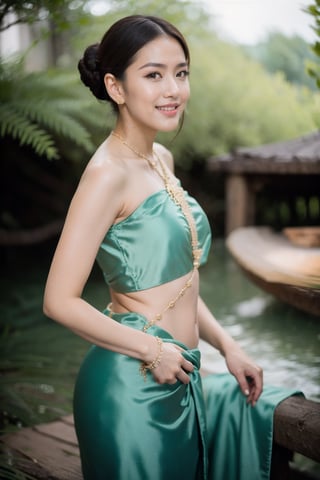 Thai girl sexy model, ((turquoise:1.5, thai traditional dress)) , (Eyes drooping), smiling eyes,beautiful smile, fang, hair bun, sparkling eyes, Thai retro wood house background
, half shot, navel, elegant pose, claim face, sitting beside river

, (((helios 44-2 58mm f2))),nature background, sharp focus, diffused lighting